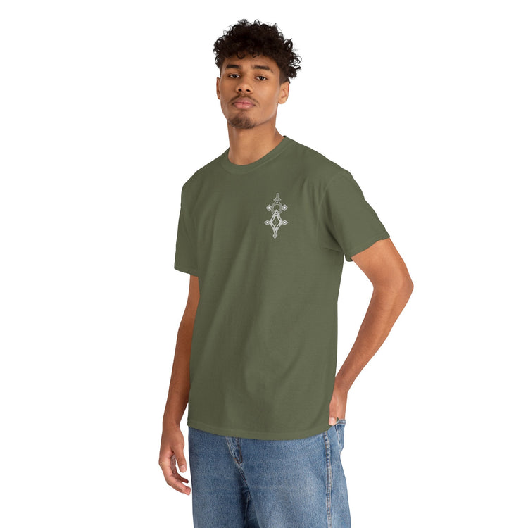 men wearing olive green heavy cotton tee with small chest design and blue jeans