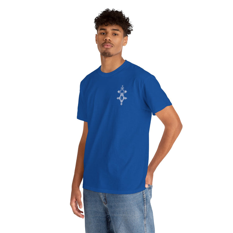 men wearing blue heavy cotton tee with small chest design and jeans against white background
