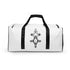 White duffle bag with black straps and geometric design, spacious with multiple pockets and padded adjustable shoulder strap