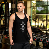 Man wearing black unisex tank top with geometric design in gym setting