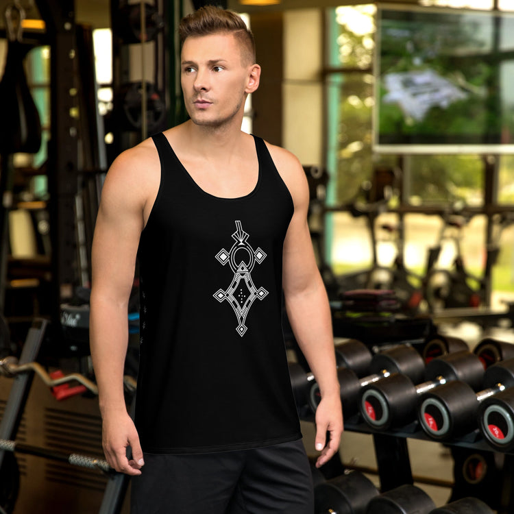 Man wearing black unisex tank top with geometric design in gym setting