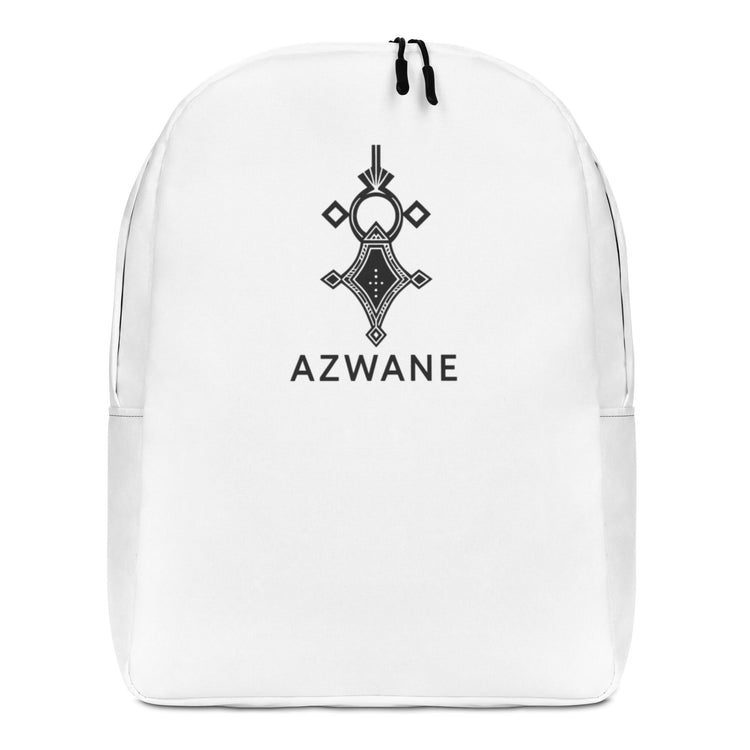 White minimalist backpack with AZWANE logo, water-resistant polyester material, padded straps, and multiple compartments including laptop and hidden back pocket.