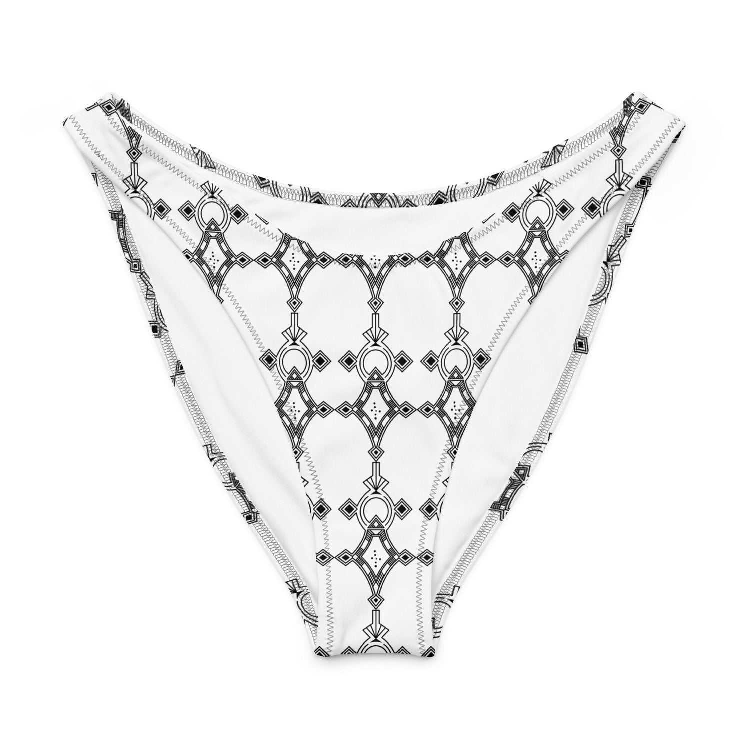 Recycled V-cut bikini bottom with black geometric pattern on white fabric, high-waisted and made from soft recycled polyester blend.