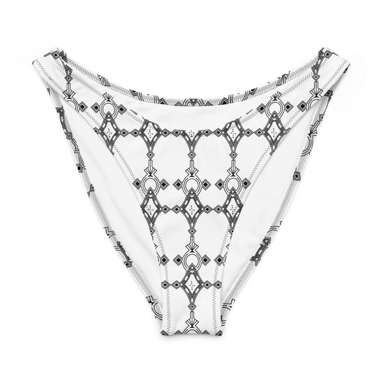 Recycled V-cut bikini bottom with black geometric pattern on white fabric, high-waisted and made from soft recycled polyester blend.