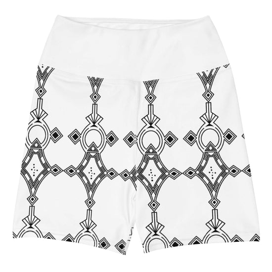 White yoga shorts with black geometric pattern, high waist, soft stretch fabric with optional inner pocket, designed for comfort and flexibility.