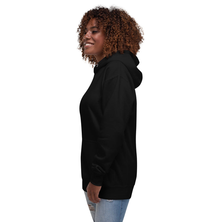 black women hoodie with front pouch pocket and hood on model with curly hair