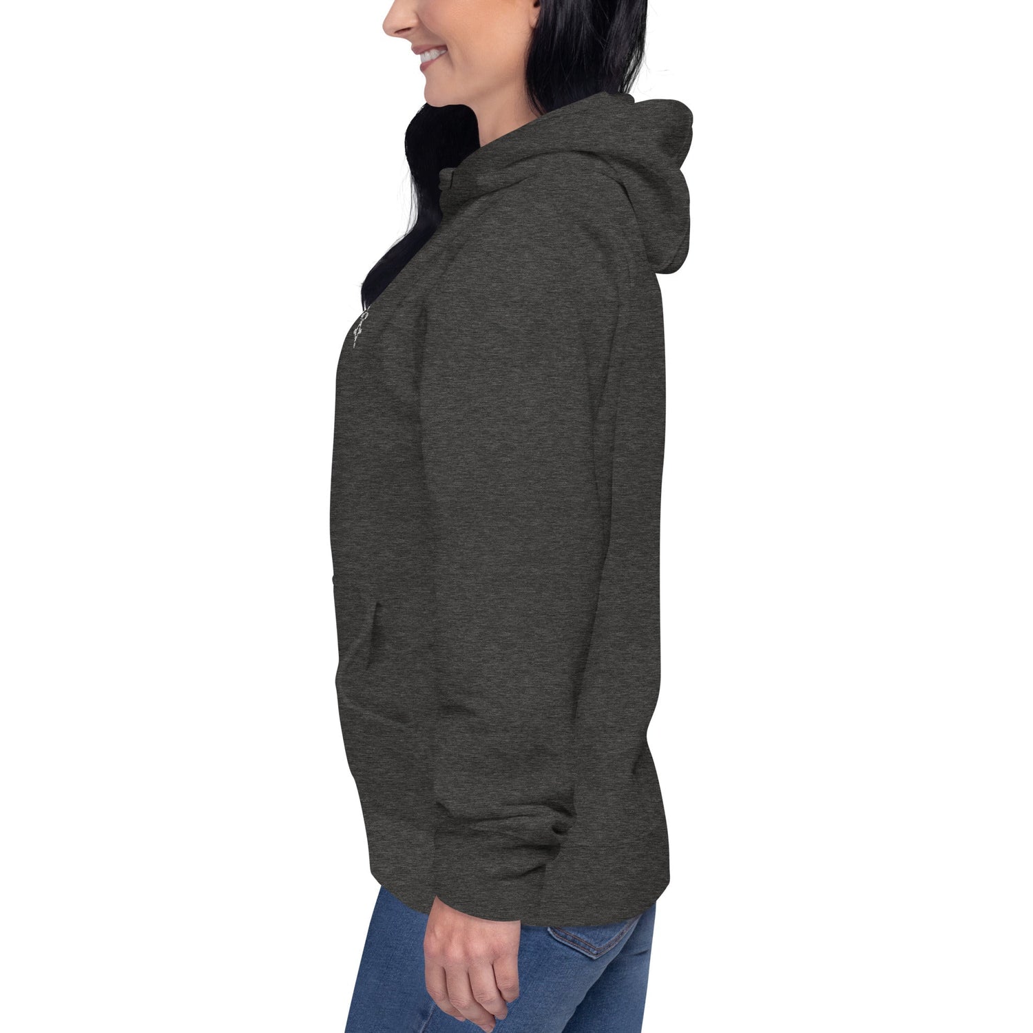 Side view of a woman wearing a dark gray soft cotton blend women hoodie with front pouch pocket and hood