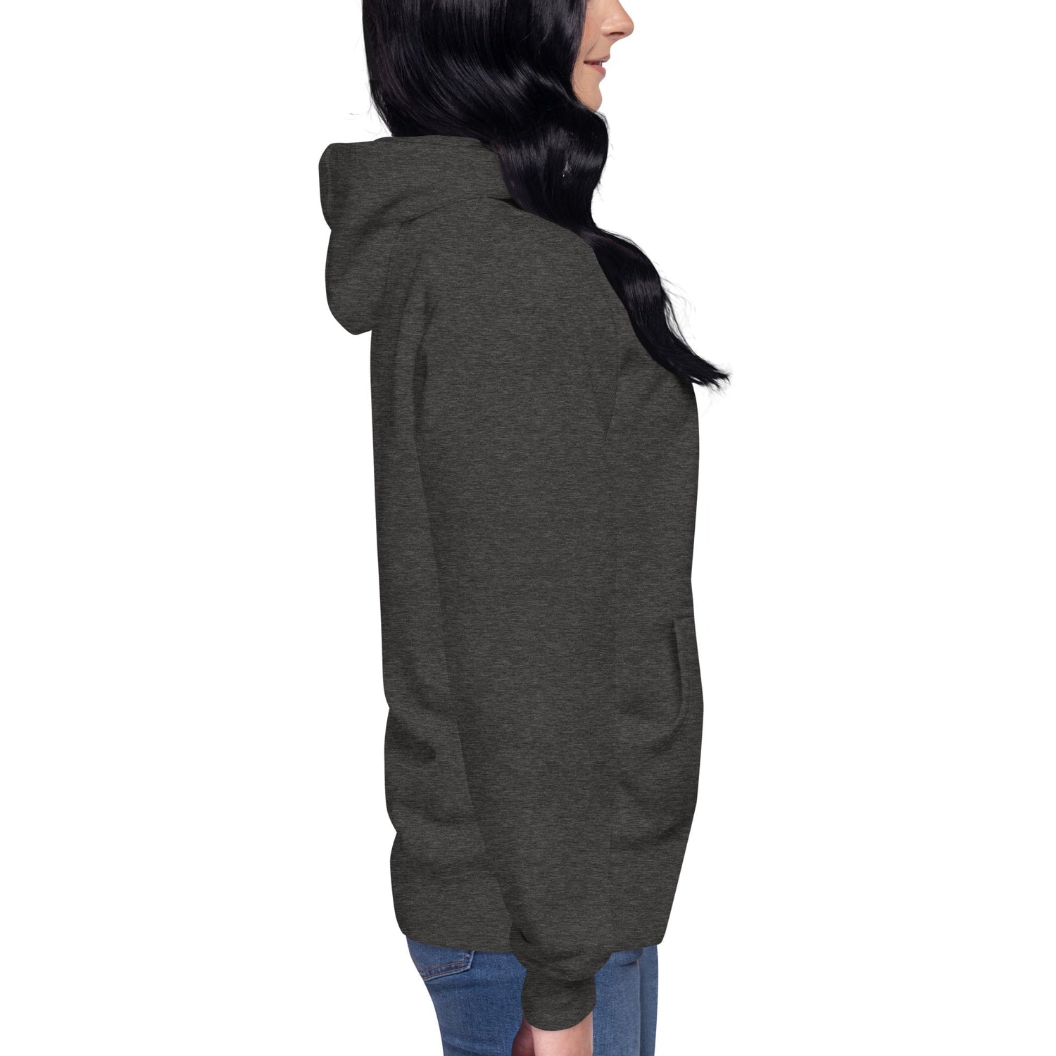 Side view of woman wearing dark gray women hoodie with front pouch pocket and hood