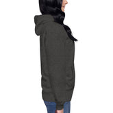 Side view of woman wearing dark gray women hoodie with front pouch pocket and hood