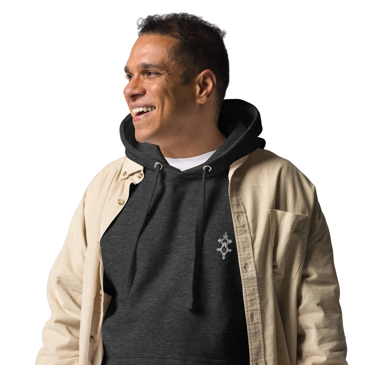 Smiling man wearing black men hoodie with front pouch pocket and beige open shirt