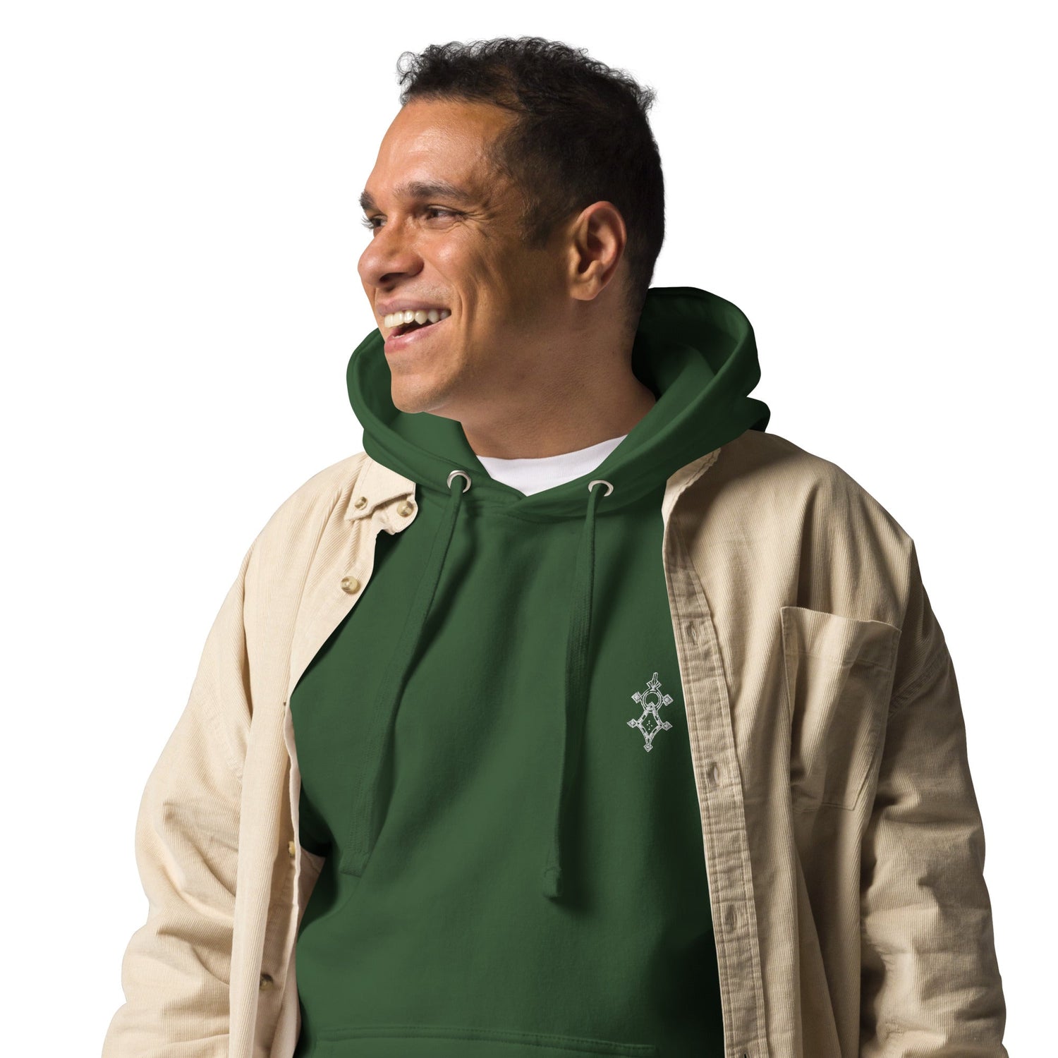 Smiling man wearing green men hoodie with front pouch pocket and beige shirt over it