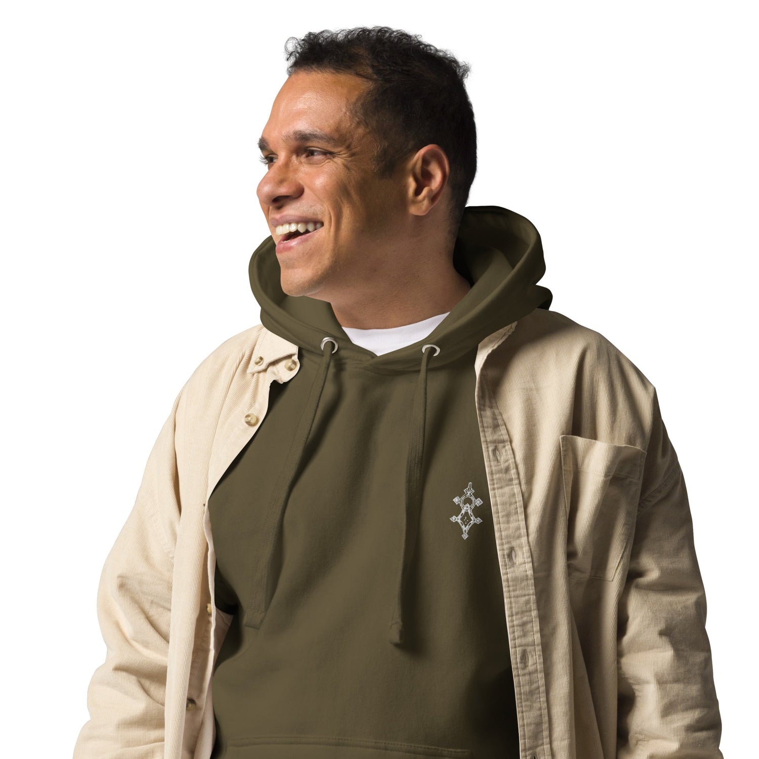 Men wearing olive green hoodie with front pouch pocket and adjustable hood smiling