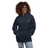 Woman wearing navy blue cotton blend hoodie with front pouch pocket and hood