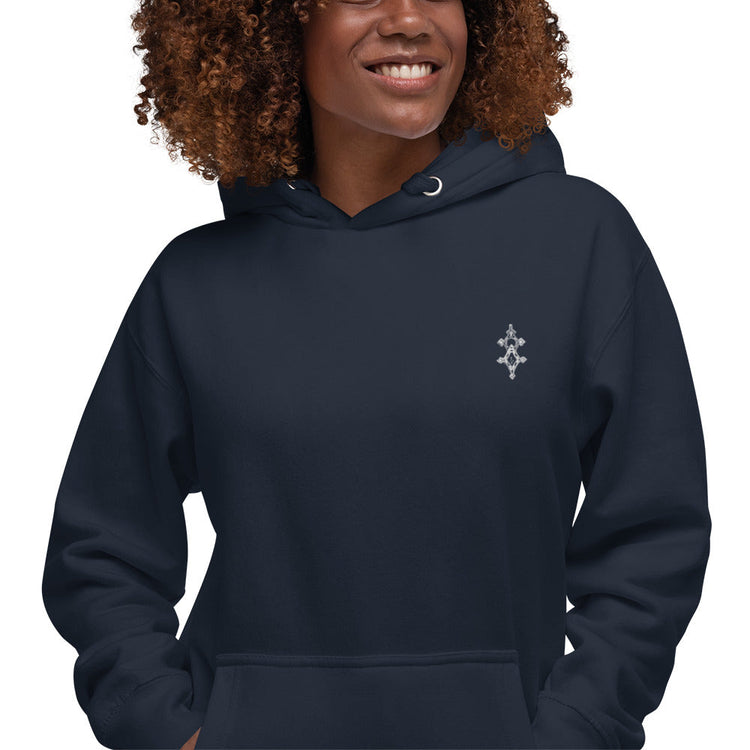 Navy blue women hoodie with front pouch pocket, warm hood, and small chest emblem, made from soft cotton blend for streetwear style