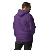 Men wearing a purple soft cotton blend hoodie with hood up, shown from the back, casual streetwear style