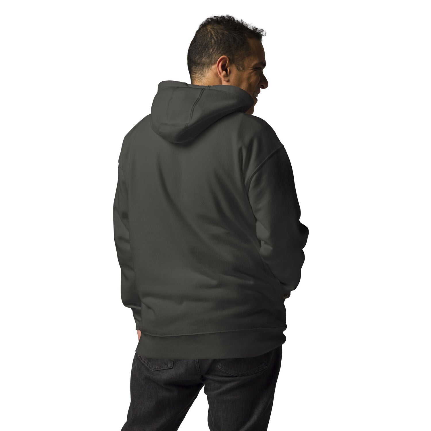 black men hoodie with hood and pouch pocket back view