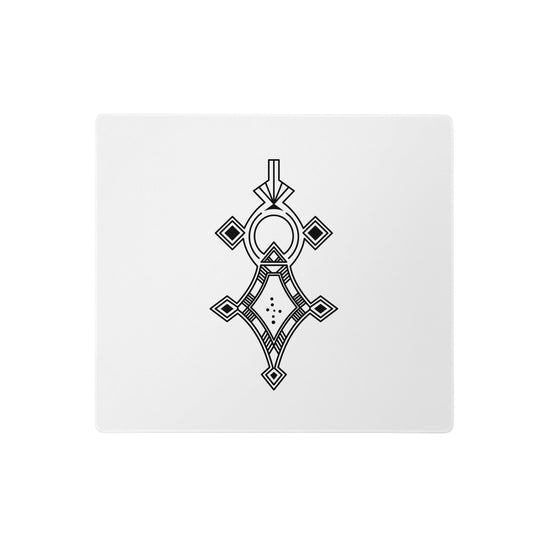 White gaming mouse pad with black geometric design and non-slip base, large size with quality edge stitching.