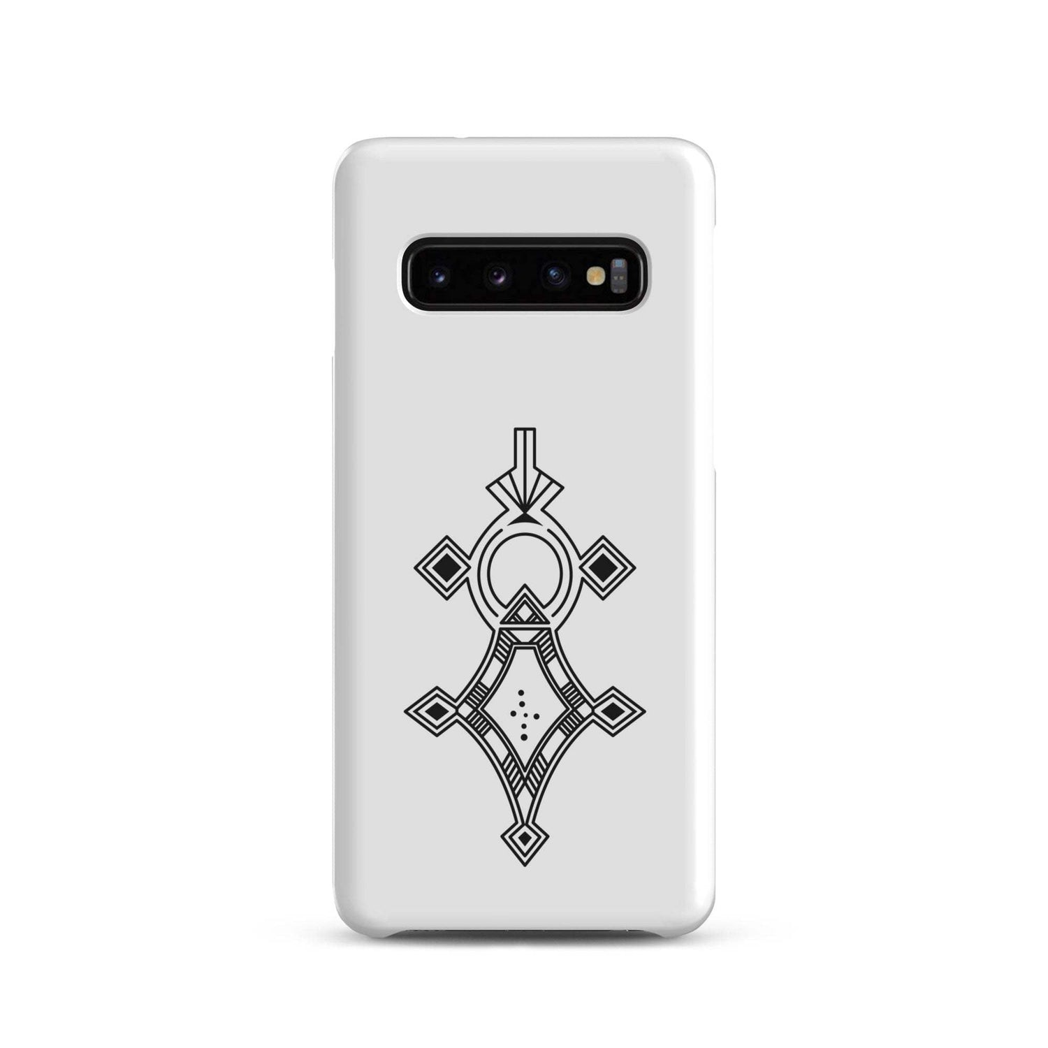 Slim white snap case for Samsung with black geometric design, polycarbonate material, and wireless charging compatible.