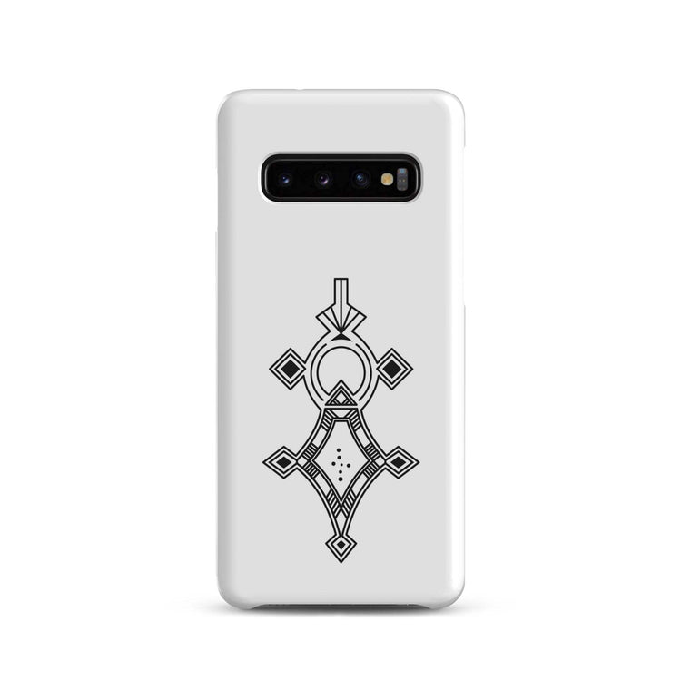 Slim white snap case for Samsung with black geometric design, polycarbonate material, and wireless charging compatible.