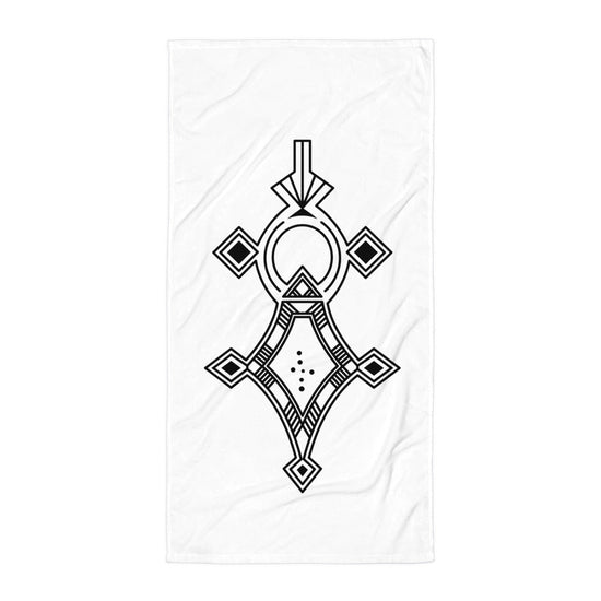 White sublimation towel with black geometric design, soft cotton-polyester fabric, 30x60 inches size.