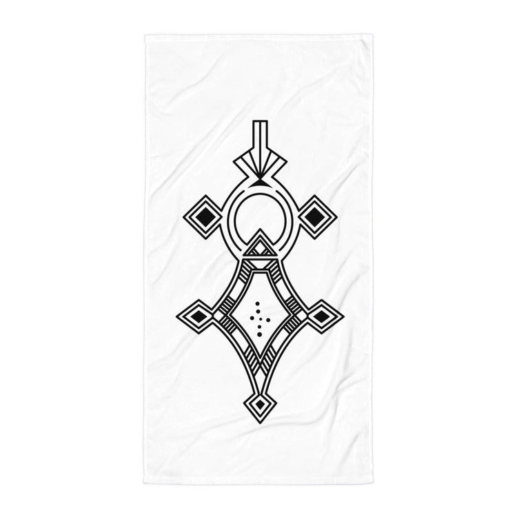 White sublimation towel with black geometric design, soft cotton-polyester fabric, 30x60 inches size.