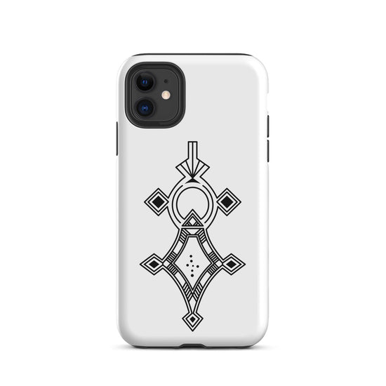 White tough case for iPhone with black geometric design, dual-layer protection, and aligned port openings