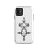 White tough case for iPhone with black geometric design, dual-layer protection, and aligned port openings