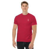 Men wearing red classic tee cotton shirt with short sleeves