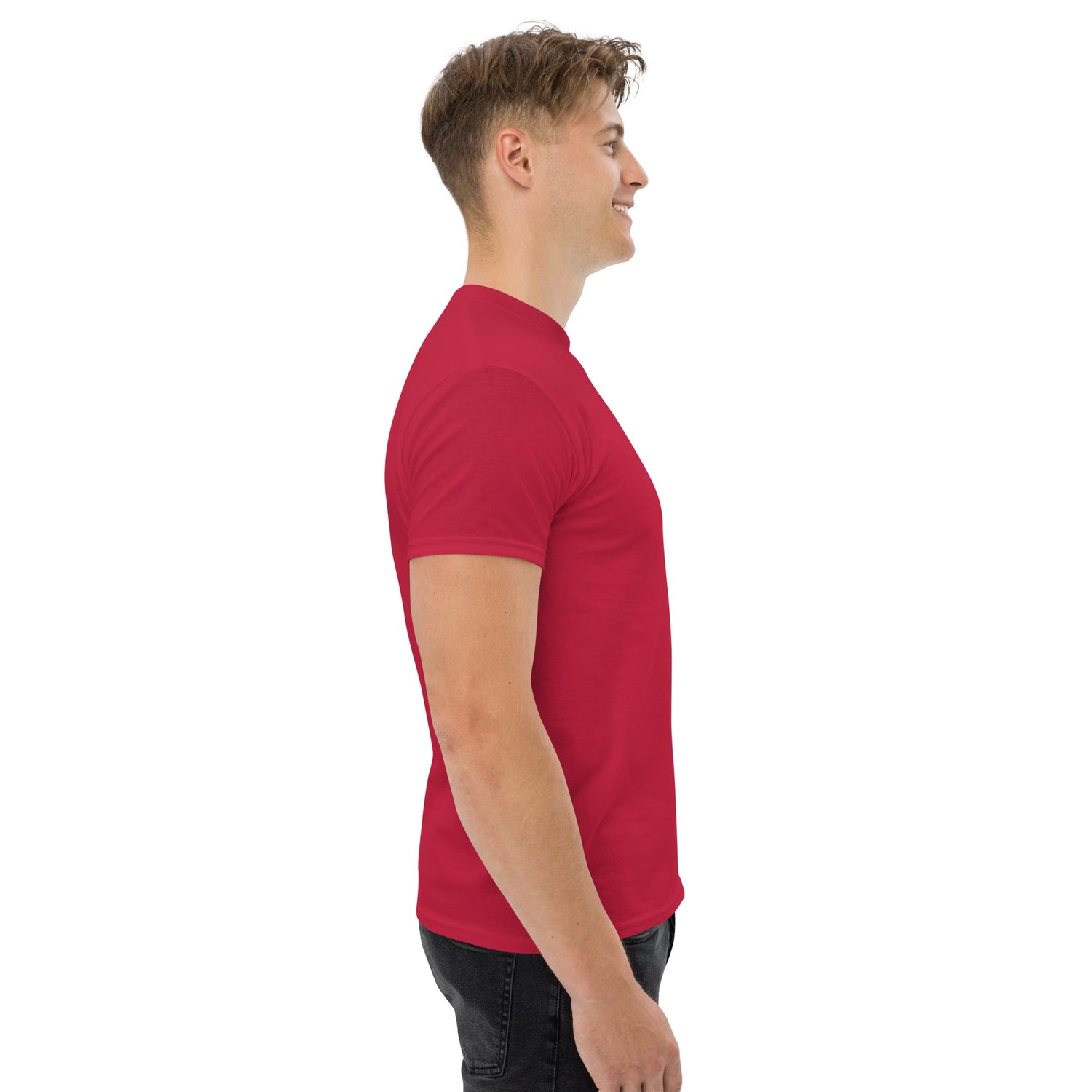 Side view of man wearing red classic tee made of 100% cotton with structured fit