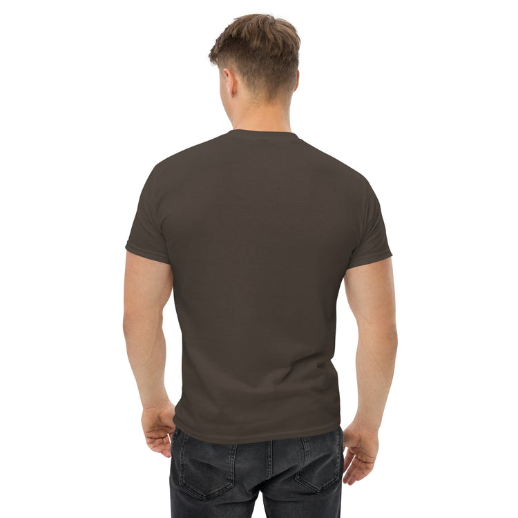 Back view of a man wearing a brown men classic tee made of 100% cotton with a structured fit and taped neck and shoulders