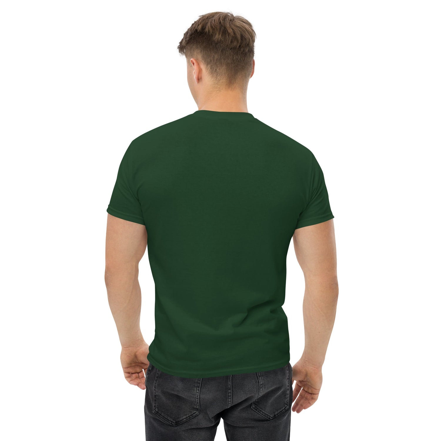 Back view of a man wearing a dark green classic tee cotton shirt