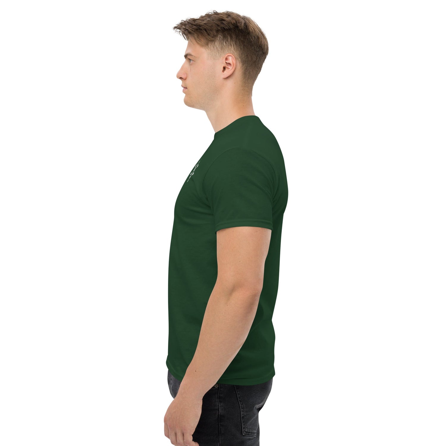 Men wearing green classic tee side view cotton short sleeve shirt