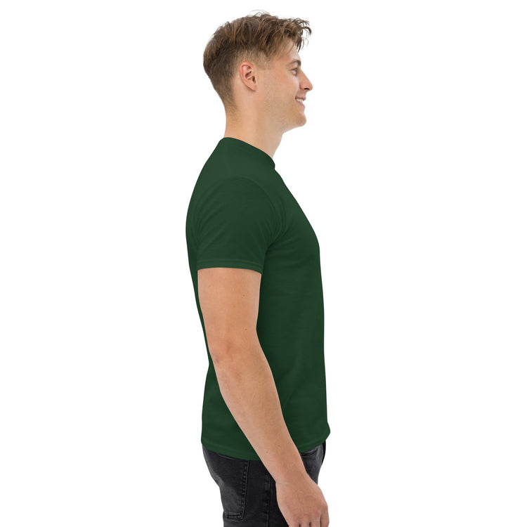 side view of man wearing dark green men classic tee with short sleeves and round neck