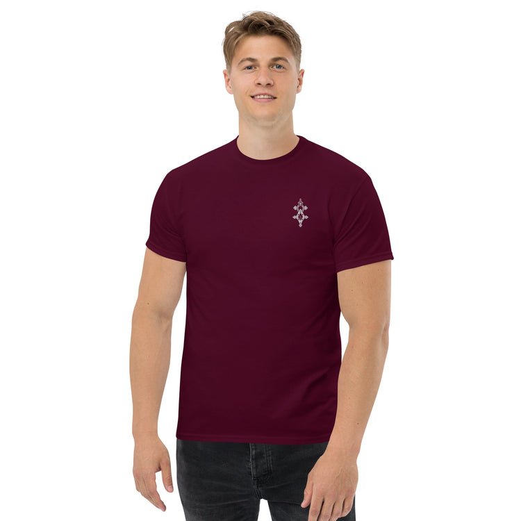Men wearing maroon classic tee with small chest design, short sleeves, and fitted cut
