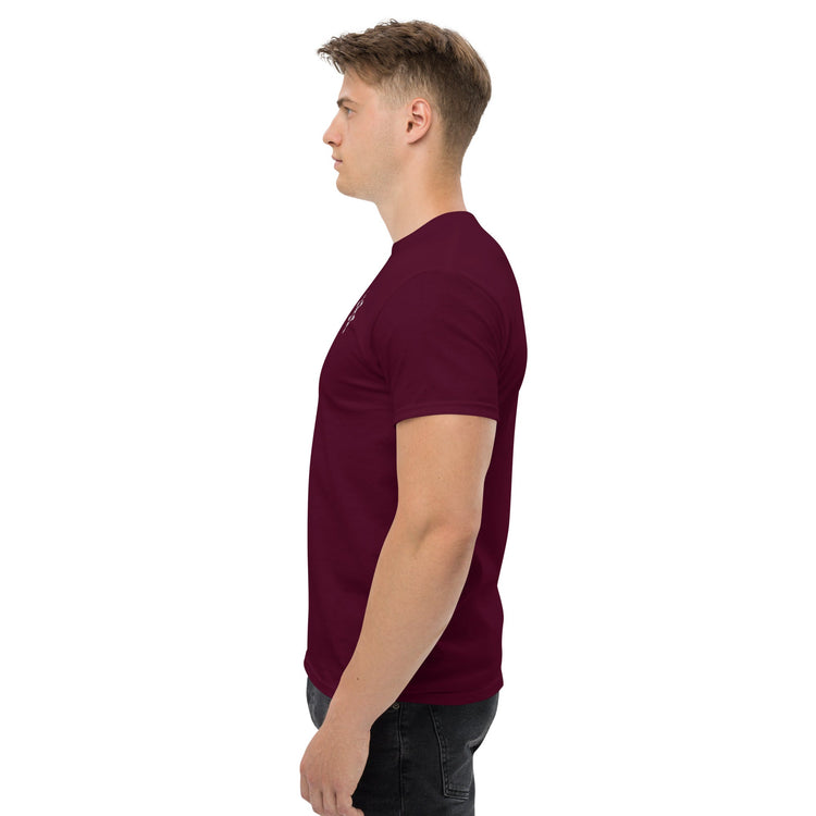 Side view of man wearing burgundy men classic tee made of 100% cotton with structured fit