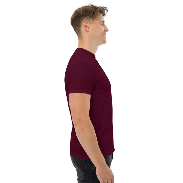 Men wearing burgundy classic tee side view cotton blend