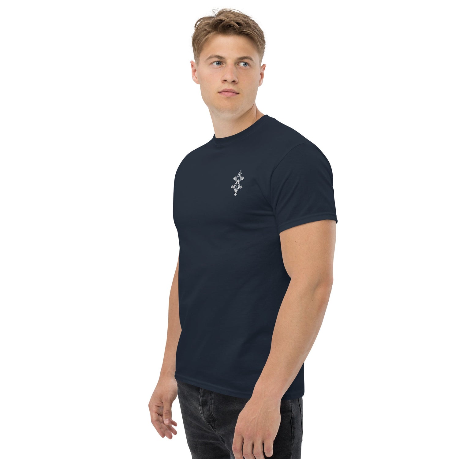 Men wearing black classic tee made of 100% cotton with a structured fit and sharp edges