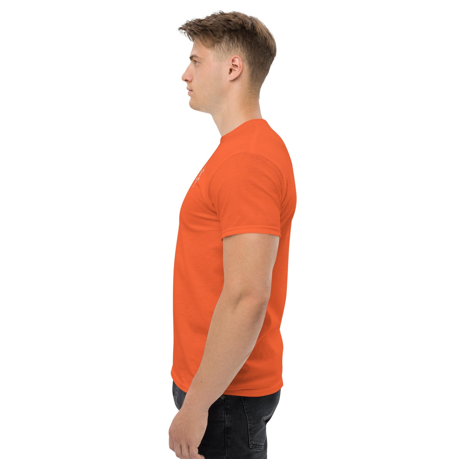 Men wearing orange classic tee side view simple cotton shirt