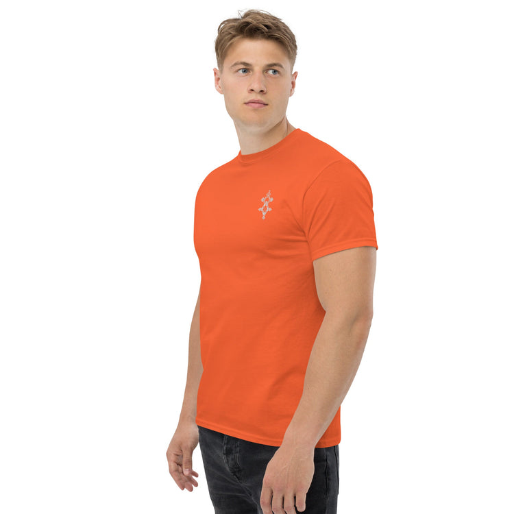 Men wearing orange classic tee with structured fit and short sleeves
