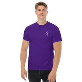 Men wearing purple classic tee made of 100% cotton with a small chest design