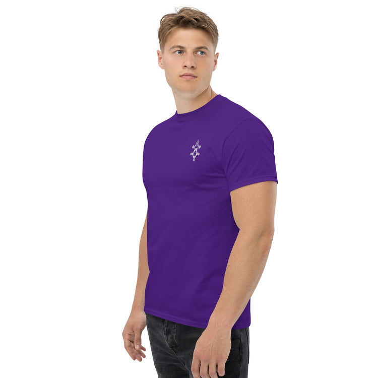 Men wearing purple classic tee cotton shirt with sharp edges and taped neck