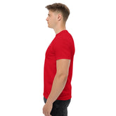 Side view of man wearing red 100% cotton classic tee with structured fit and sharp lines