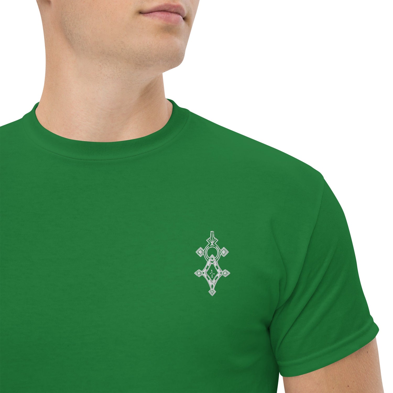 green men classic tee with small white geometric design on chest, 100% cotton unisex shirt