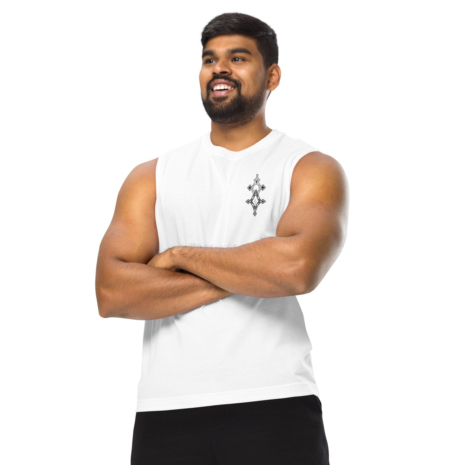 Man wearing white muscle shirt with black design on chest, relaxed fit sleeveless tank made of 100% cotton