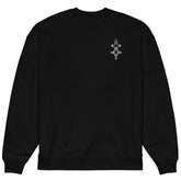 Black men’s organic oversized sweatshirt with small geometric design on chest, made from sustainable cotton and recycled polyester blend