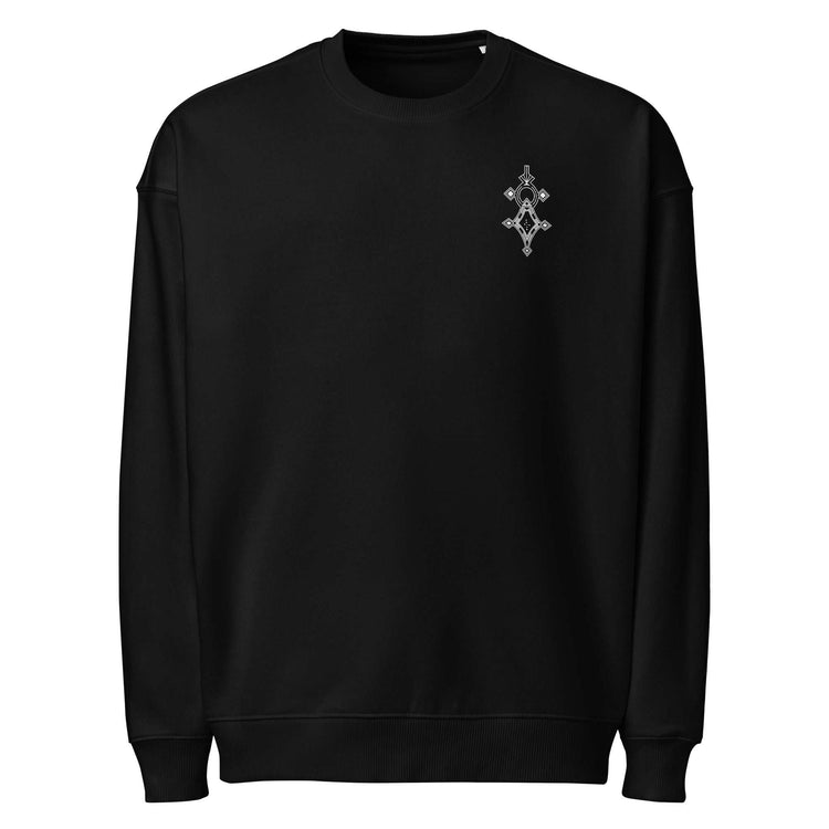 Black men’s organic oversized sweatshirt with soft brushed interior and ribbed cuffs, made from sustainable cotton and recycled polyester