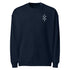 navy organic oversized sweatshirt with small front emblem and ribbed cuffs and hem