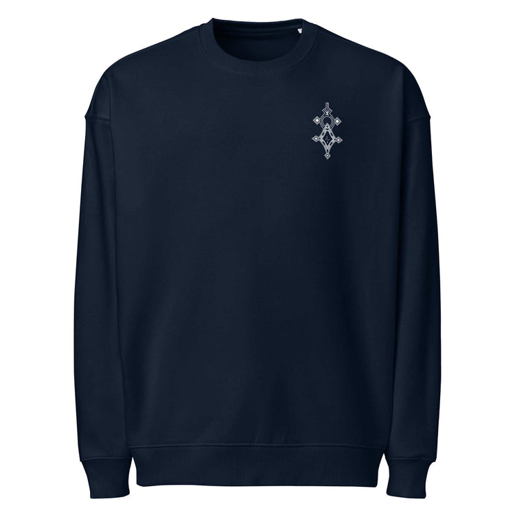 navy organic oversized sweatshirt with small front emblem and ribbed cuffs and hem