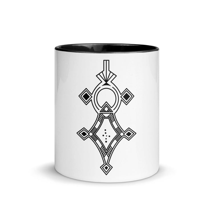 White ceramic mug with black geometric design and black colored inside and rim, microwave and dishwasher safe mug with color inside