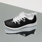 Black and white women’s athletic shoe with breathable lining, padded collar, EVA rubber outsole, and lace-up front
